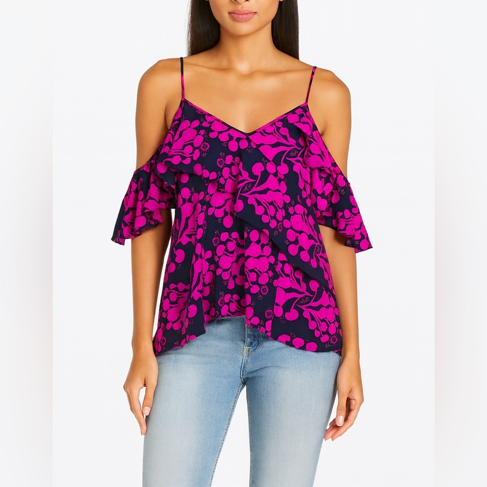 Tanya Taylor Cold Shoulder Textured Silk Sleeveless Ruffle Top 0